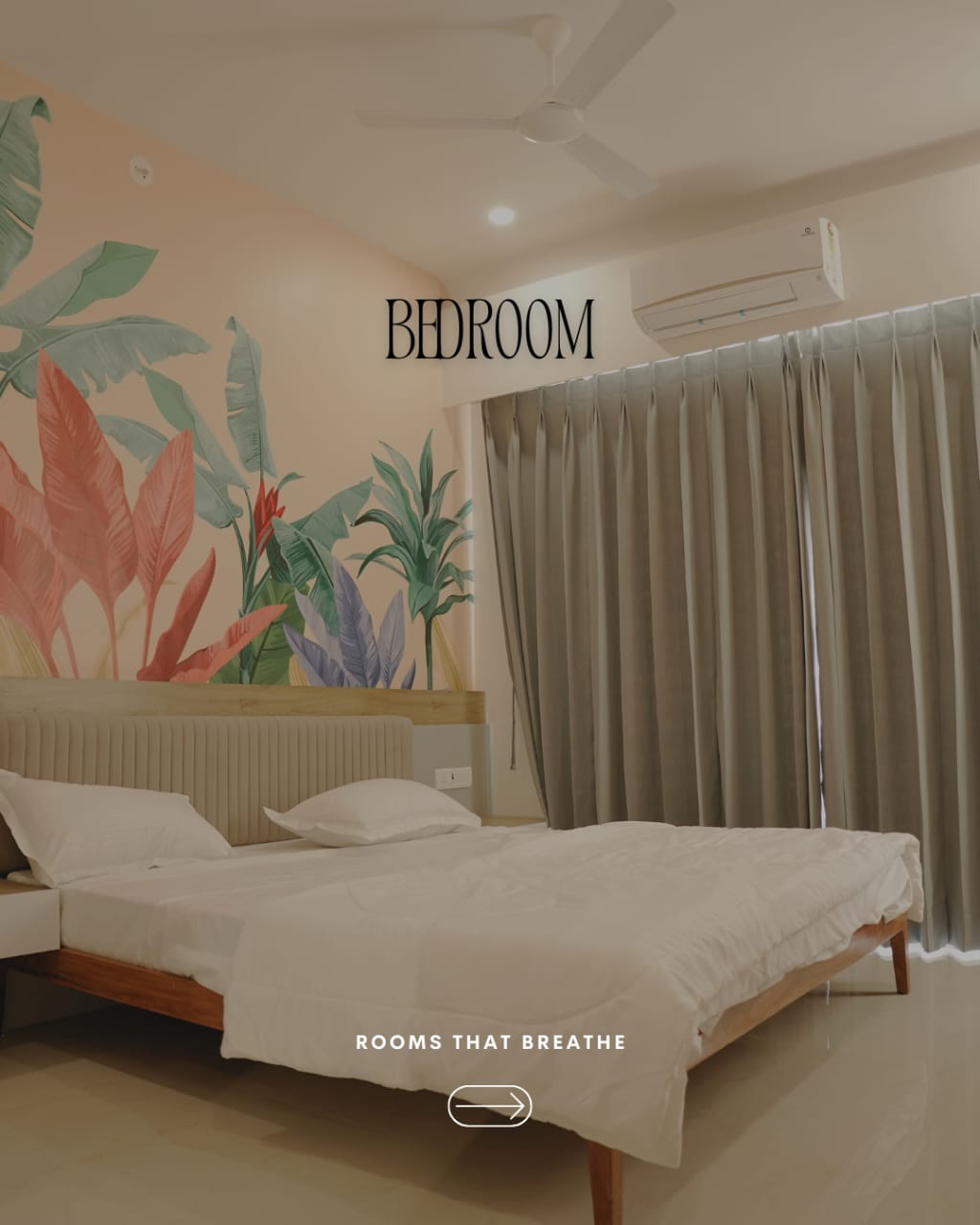 Seascape bedroom with painted tropical leaf mural